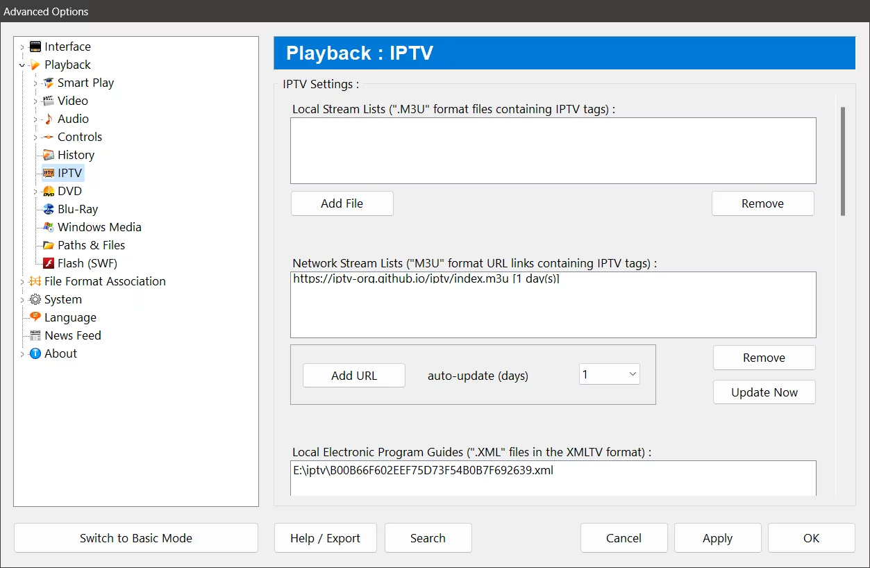 Zoom Player's IPTV Options window