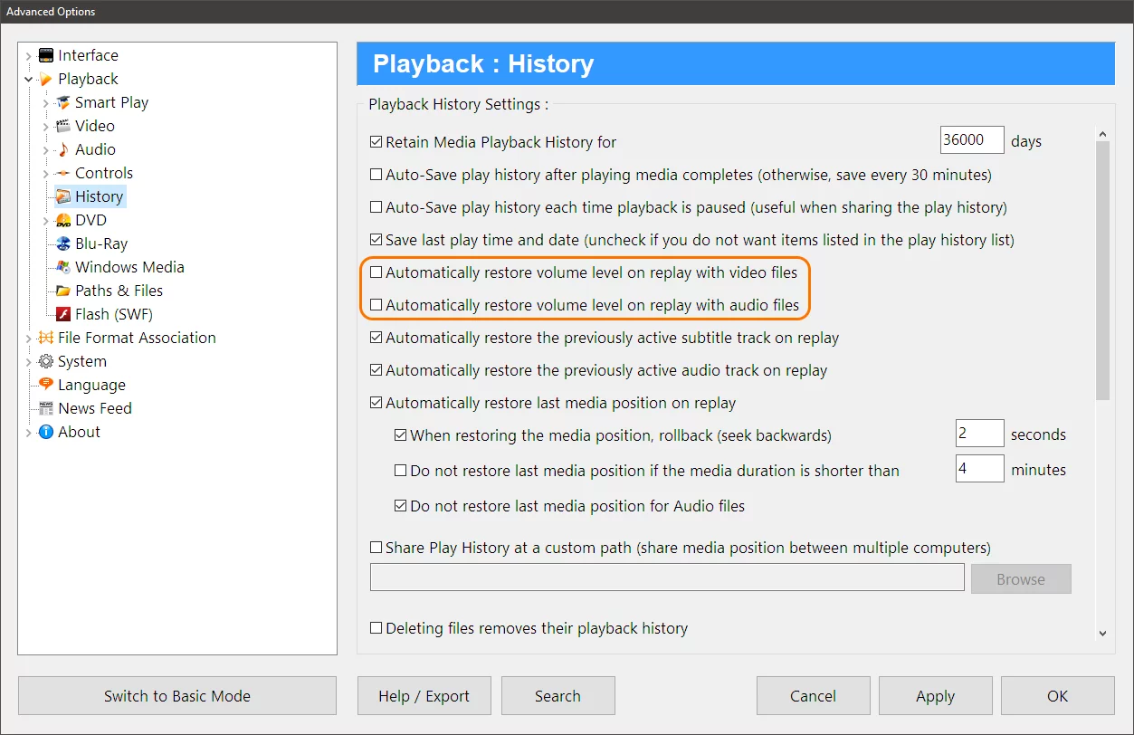 Zoom Player's Advanced Options Dialog