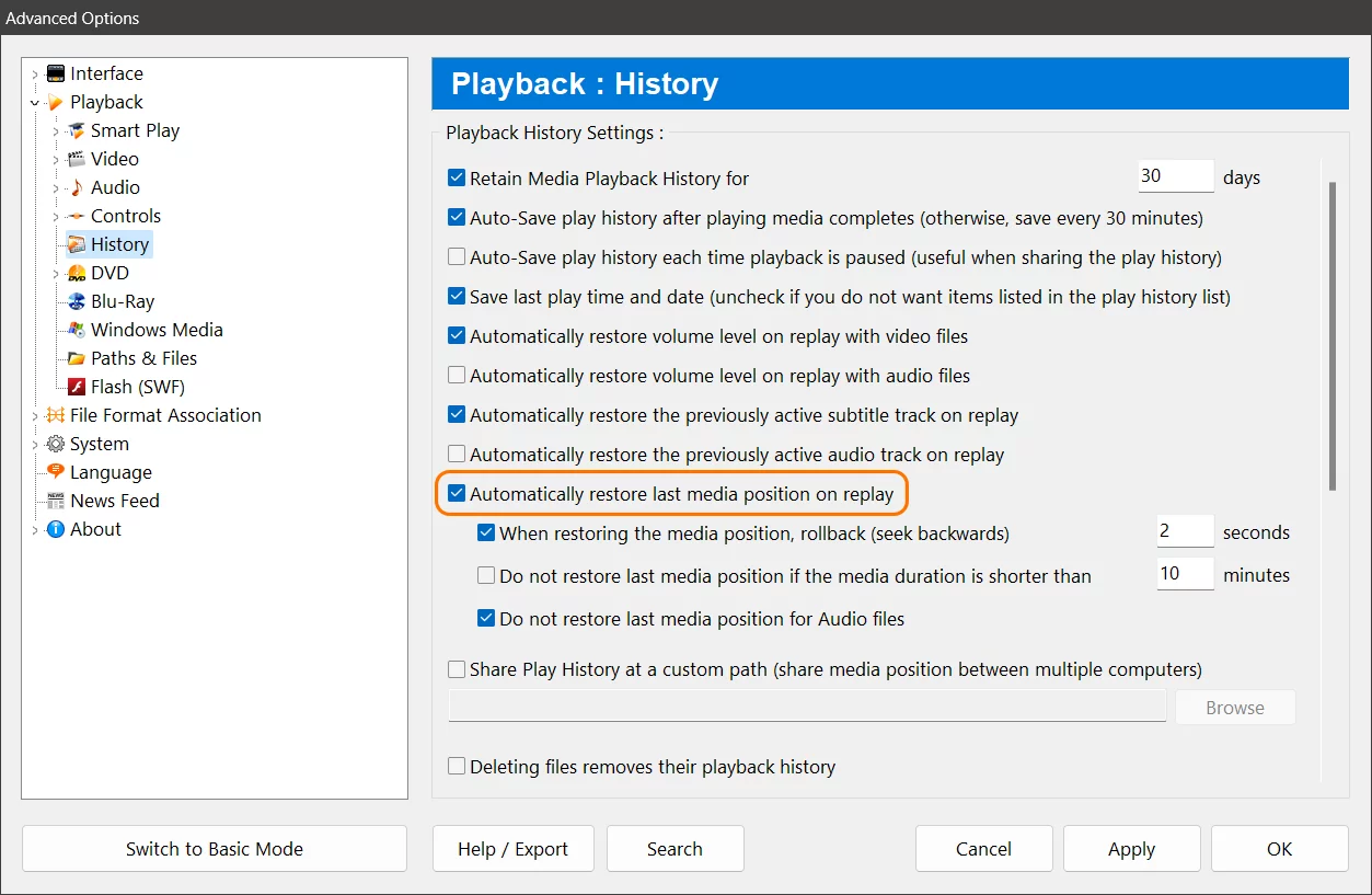 Zoom Player's Advanced Options Dialog