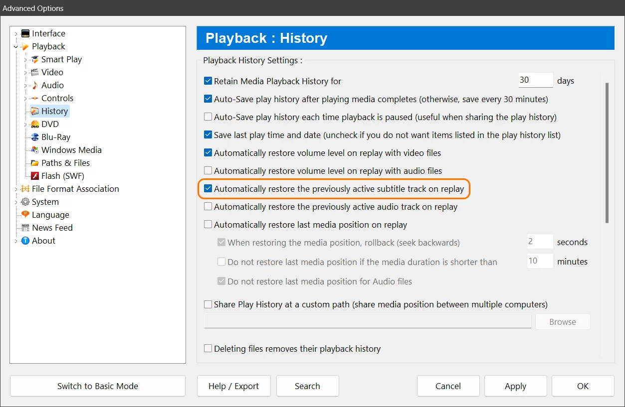 Zoom Player's Advanced Options Dialog