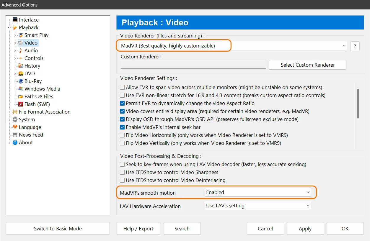 Zoom Player's Advanced Options Dialog