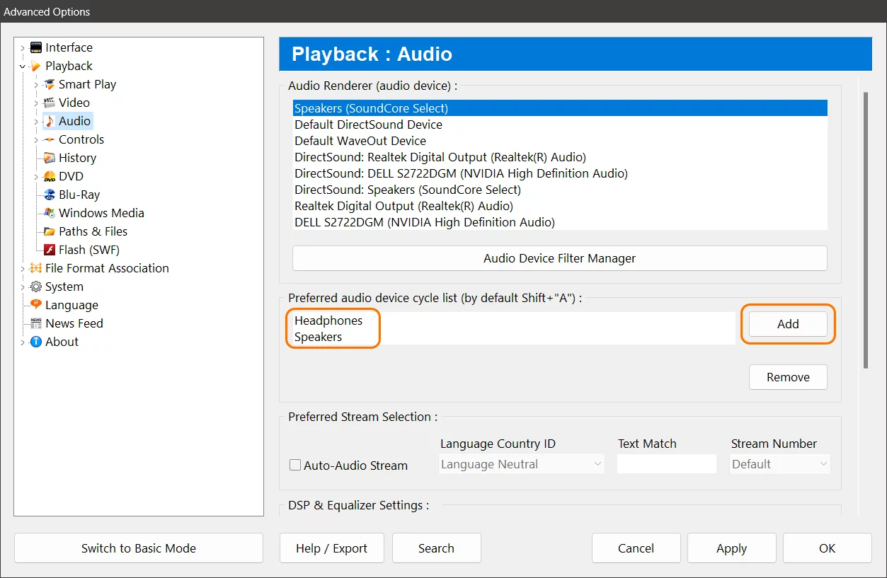 Zoom Player's Advanced Options Dialog