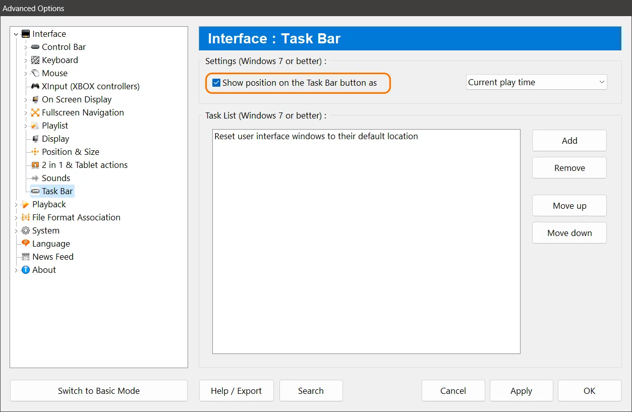 Zoom Player's Advanced Options Dialog