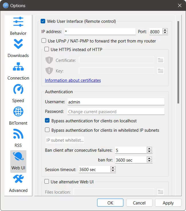 qbittorrent Webui options window