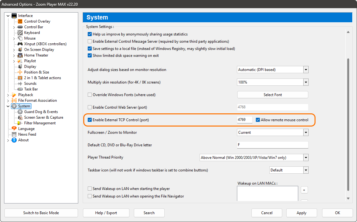 Zoom Player Options window - System
