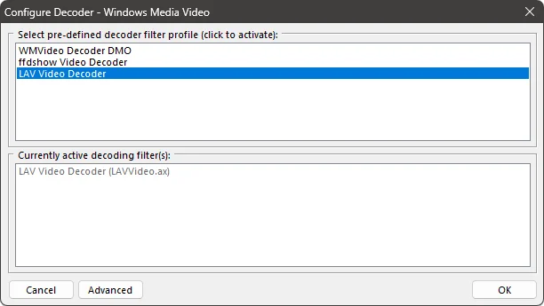 Zoom Player advanced options - System - Configure decoder