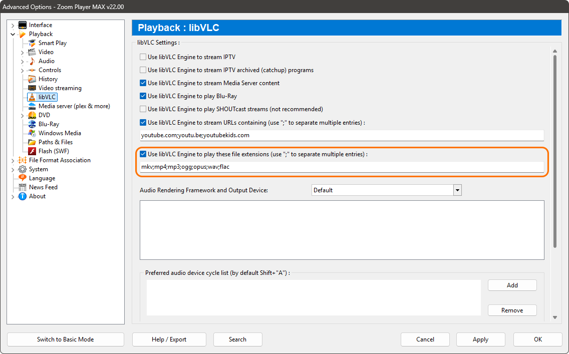 Zoom Player Options window - libVLC