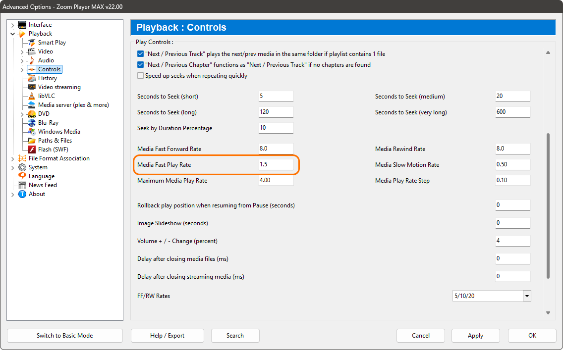 Zoom Player Options window - Playback Controls