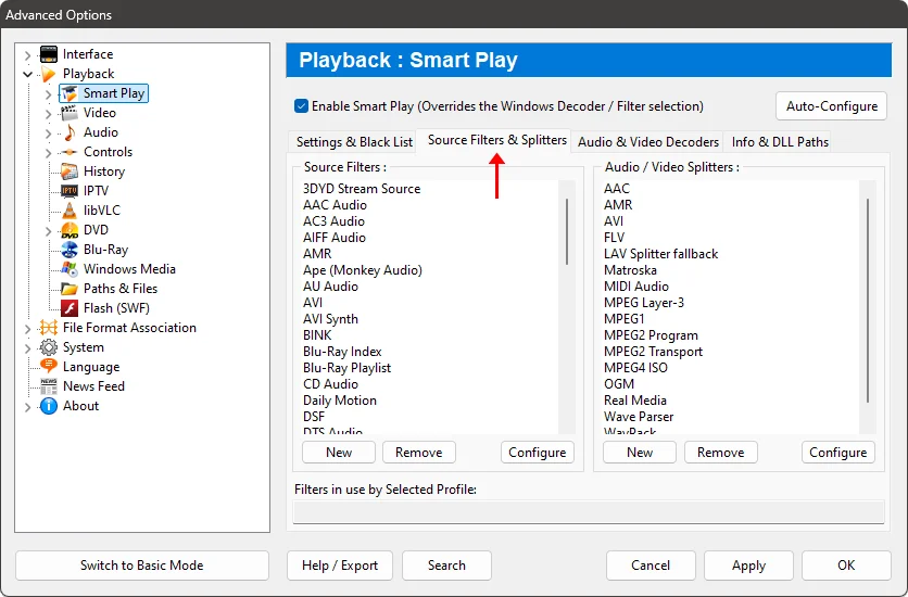 Zoom Player advanced options - Source Filters and Splitters