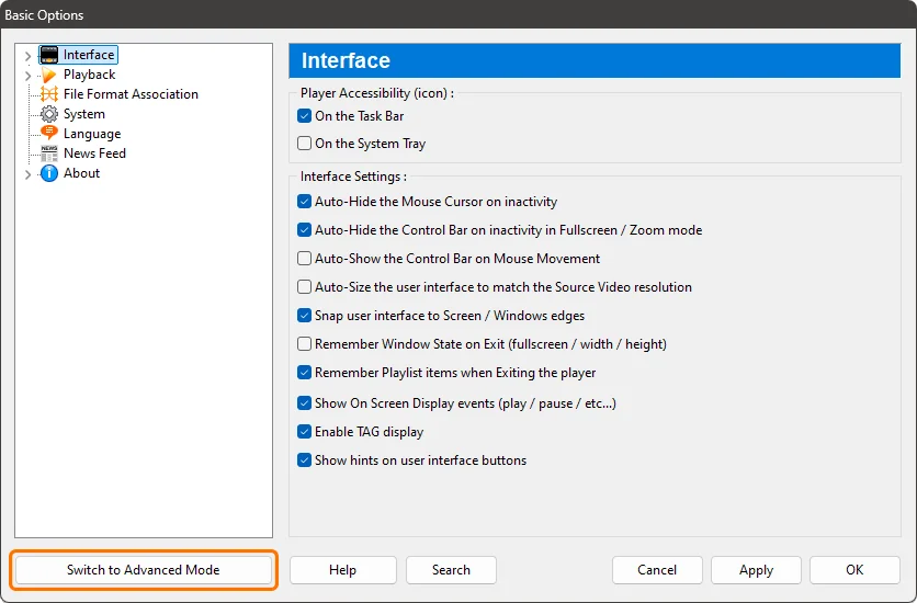 Zoom Player switch to advanced options