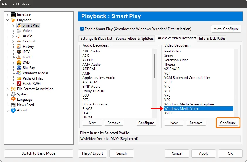 Zoom Player advanced options - System - WMV decoder profile