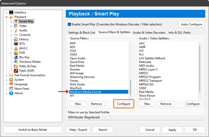 Zoom Player advanced options - WMV filter profile