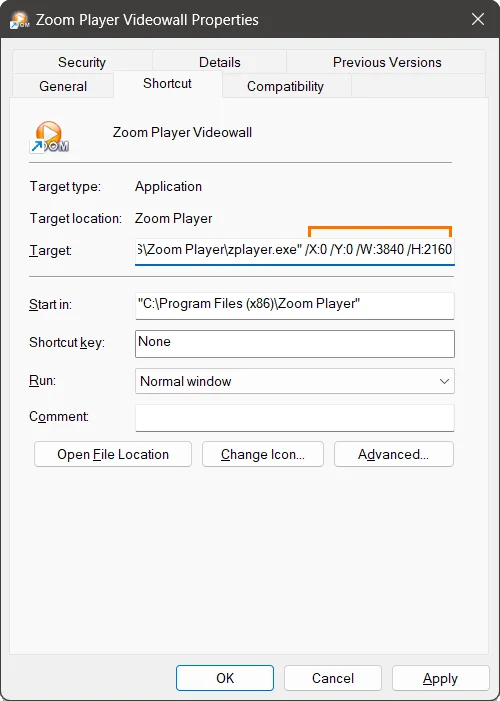 Zoom Player video wall shortcut command line