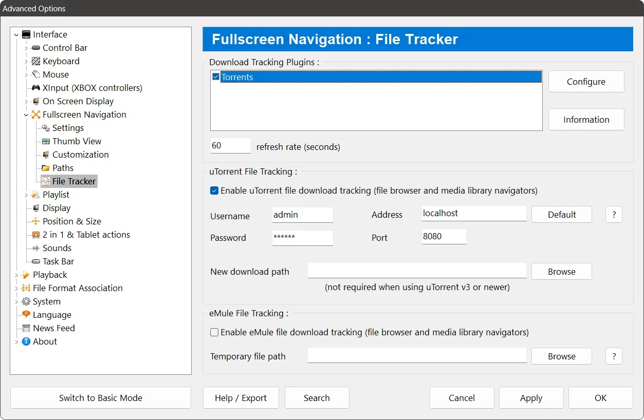 Zoom Player Advanced options - File Tracker