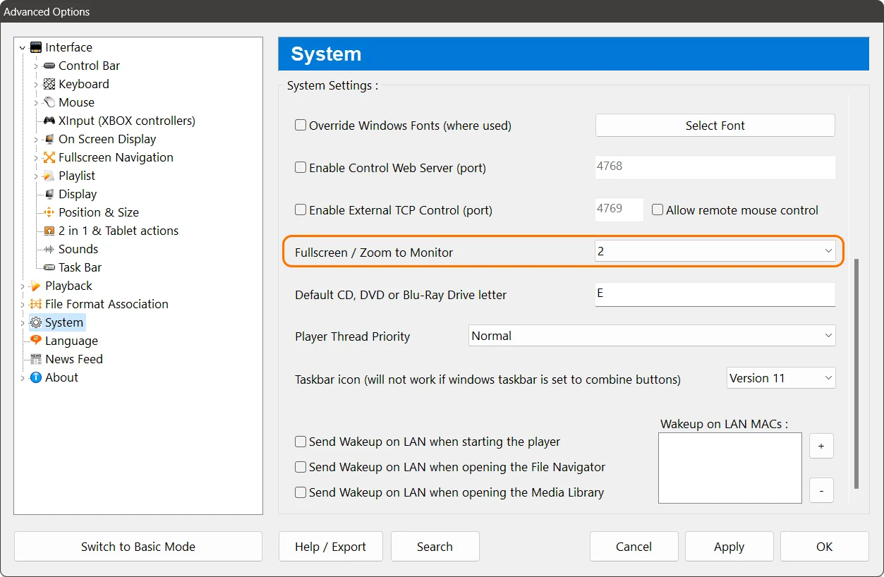 Zoom Player advanced options - System - Fullscreen / Zoom to Monitor