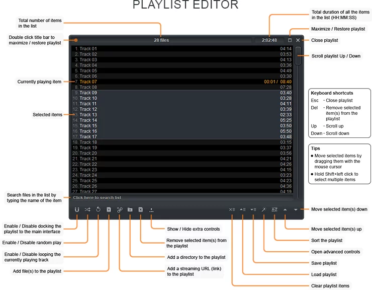 Zoom Player's Playlist editor