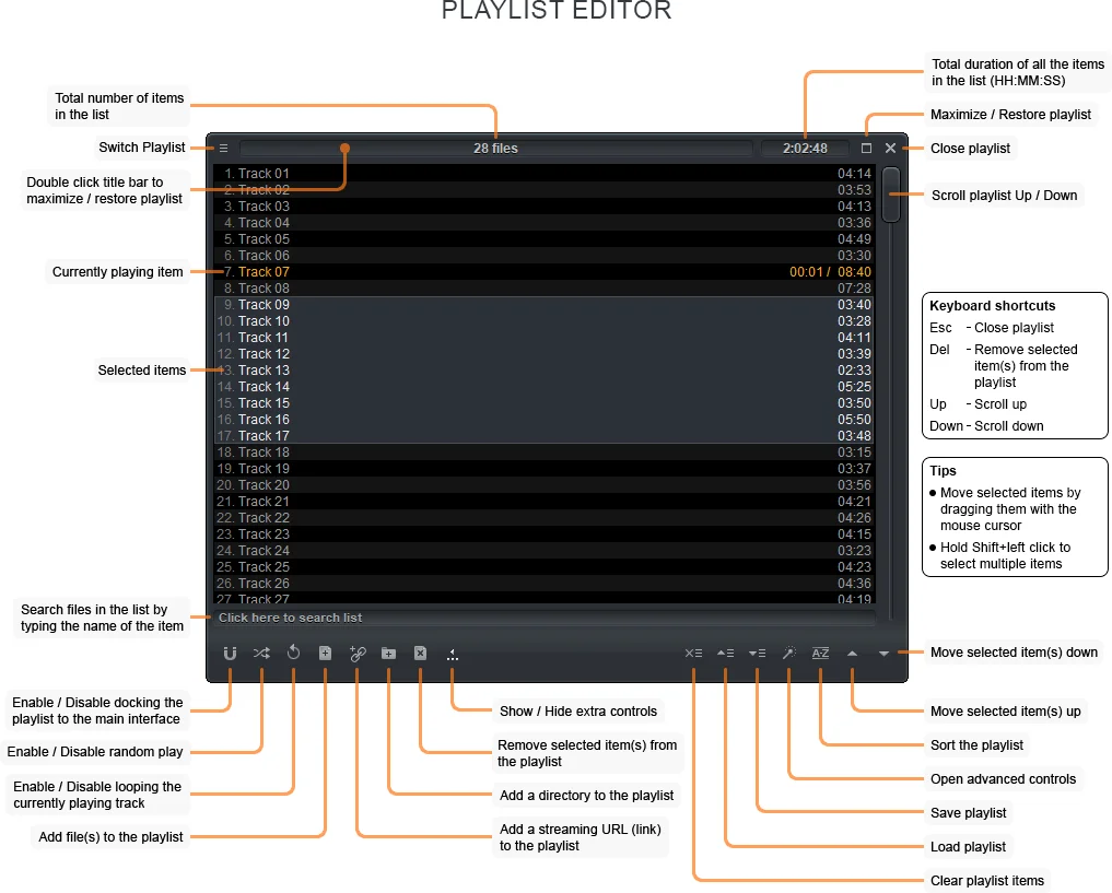 Zoom Player's Playlist editor