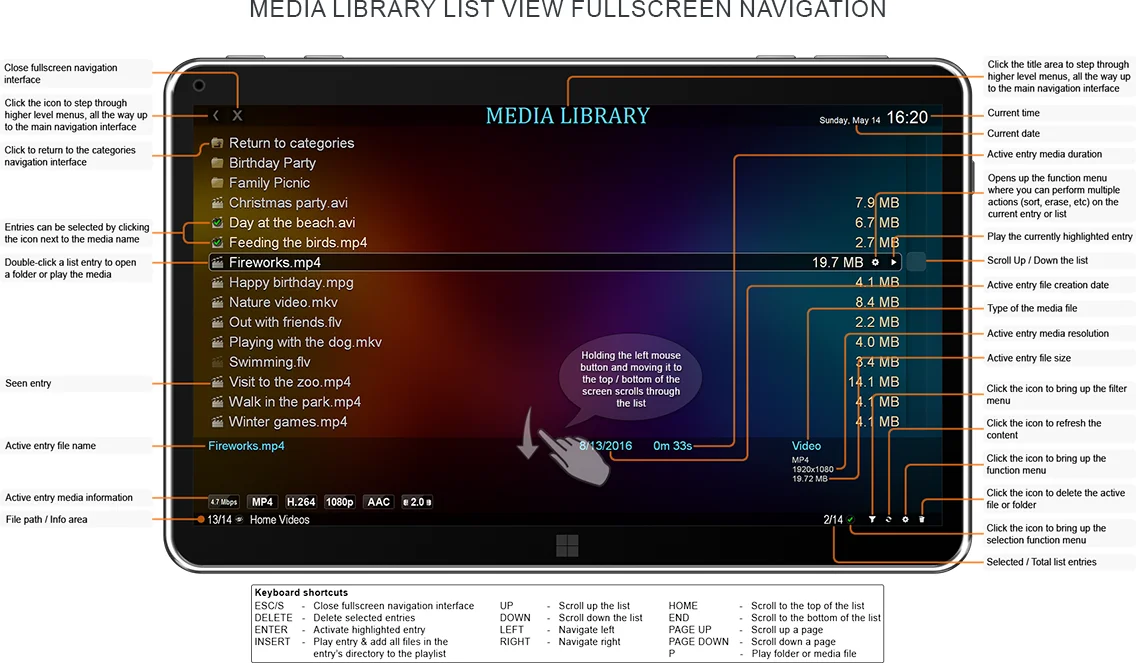 Zoom Player's Media Library fullscreen navigation interface