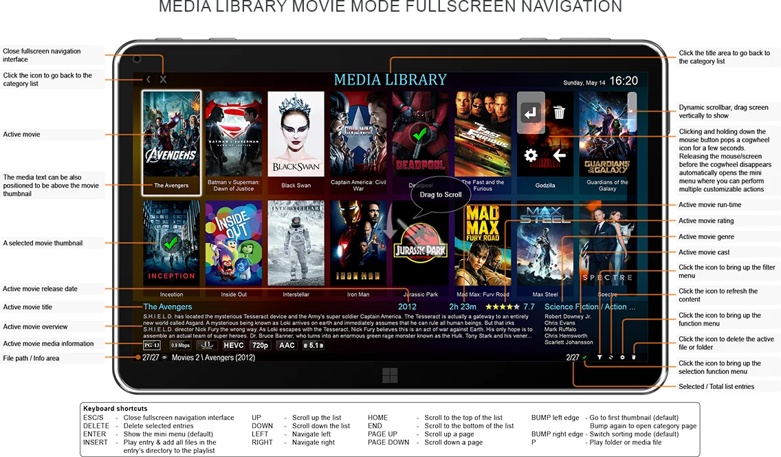 Media Library movie mode fullscreen navigation interface quick usage guide screenshot