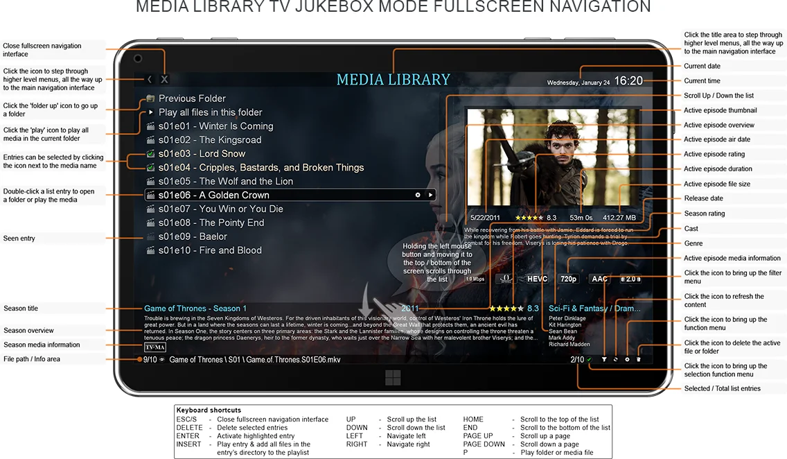 Media Library TV JukeBox mode fullscreen navigation interface quick usage guide screenshot