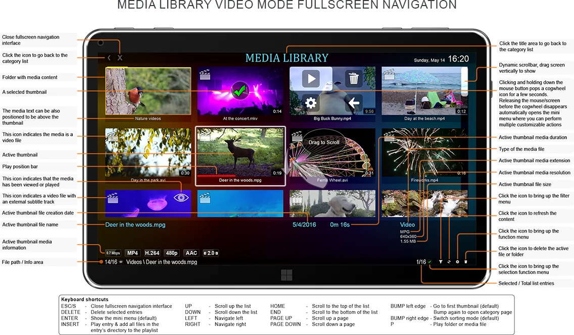 Media Library video mode fullscreen navigation interface quick usage guide screenshot